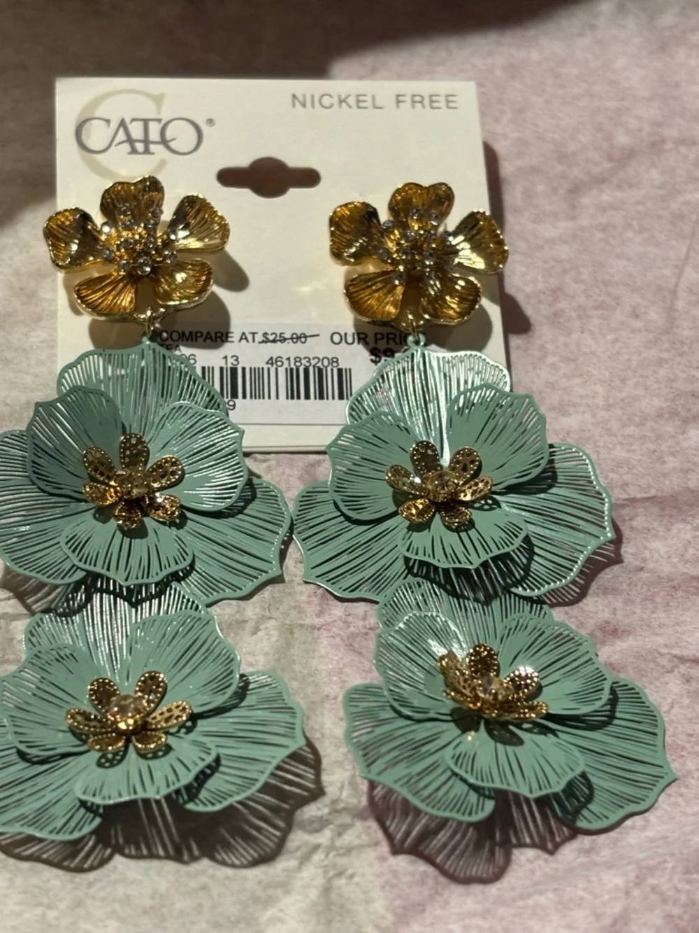 Cato Mint Green and Gold Layered Floral Drop Earrings - Picture 3 of 6